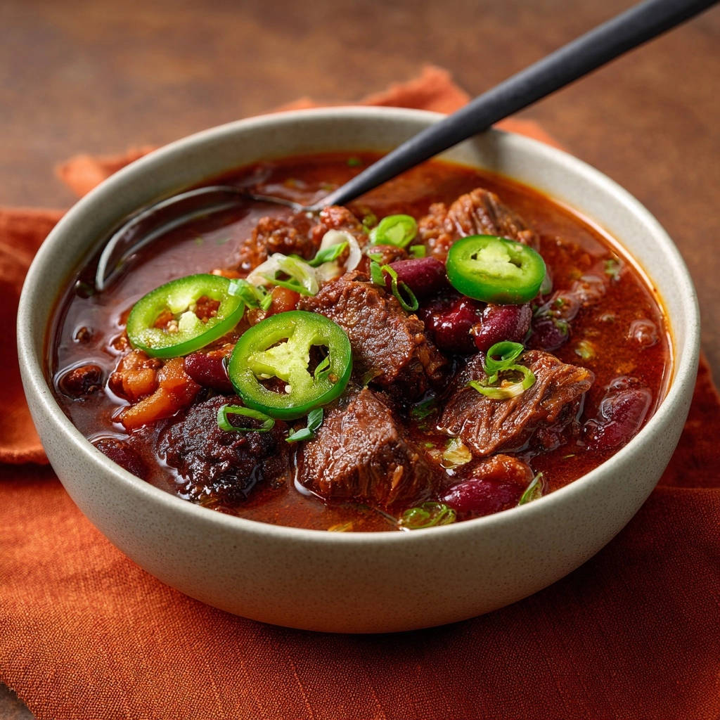 Herzhaftes Rindfleisch Chili in einer Schüssel serviert, garniert mit Jalapeño-Scheiben und frischen Kräutern. Ein köstliches Detail des Gerichtes.