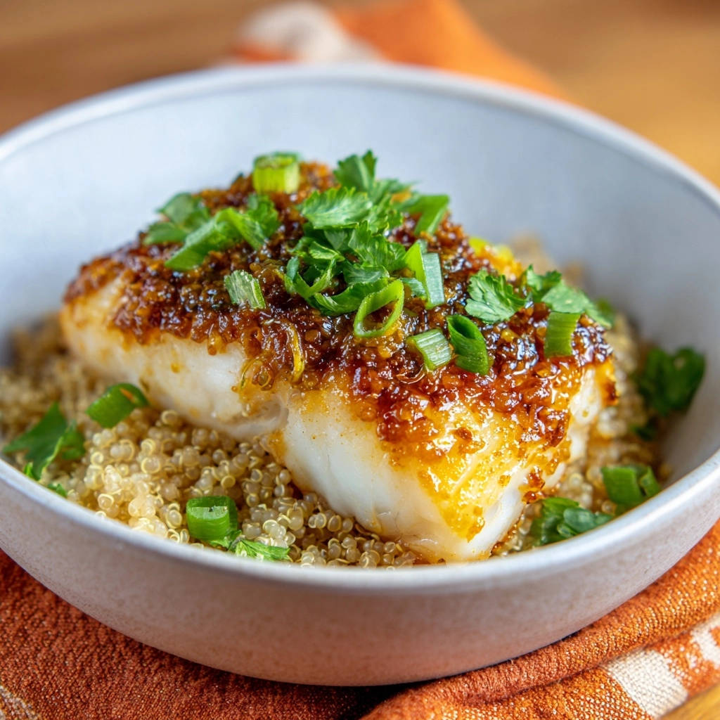 Honig-Soja-Glasierter Fisch auf Quinoa, serviert in einer Schüssel, garniert mit frischen Kräutern und Frühlingszwiebeln.