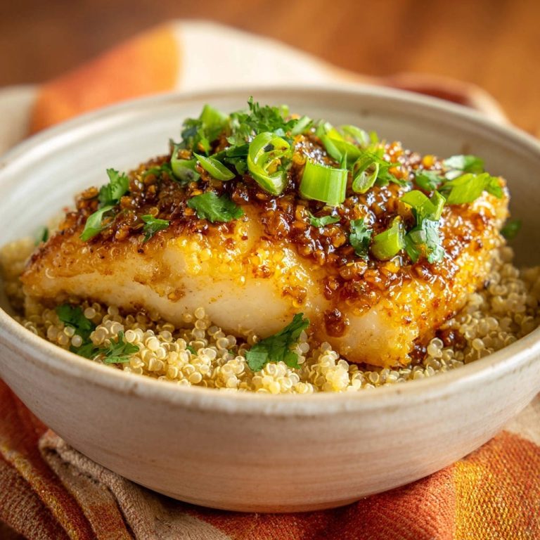 Honig-Soja-glasierter Fisch auf Quinoa serviert in einer Schüssel, garniert mit frischen Kräutern und Frühlingszwiebeln.