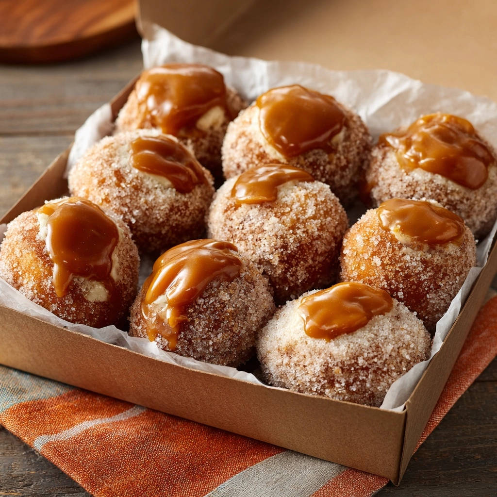 Karamell-Zucker Mini-Krapfen in einer Pappschachtel, garniert mit Karamellsauce. Nahaufnahme der Krapfen, die mit Zucker überzogen sind.
