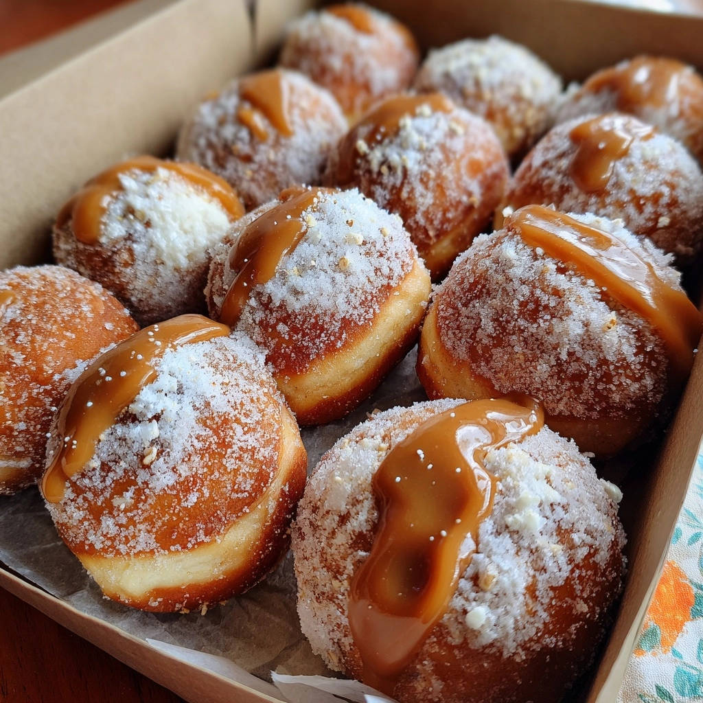 Karamell-Zucker Mini-Krapfen in Nahaufnahme, großzügig mit Karamellguss und Zuckerkristallen bestreut, serviert in einer Pappschachtel.