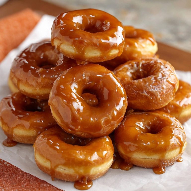 Karamellglasierte Donuts in Nahaufnahme, wobei die klebrige Glasur verführerisch von den frisch gebackenen Donuts tropft.