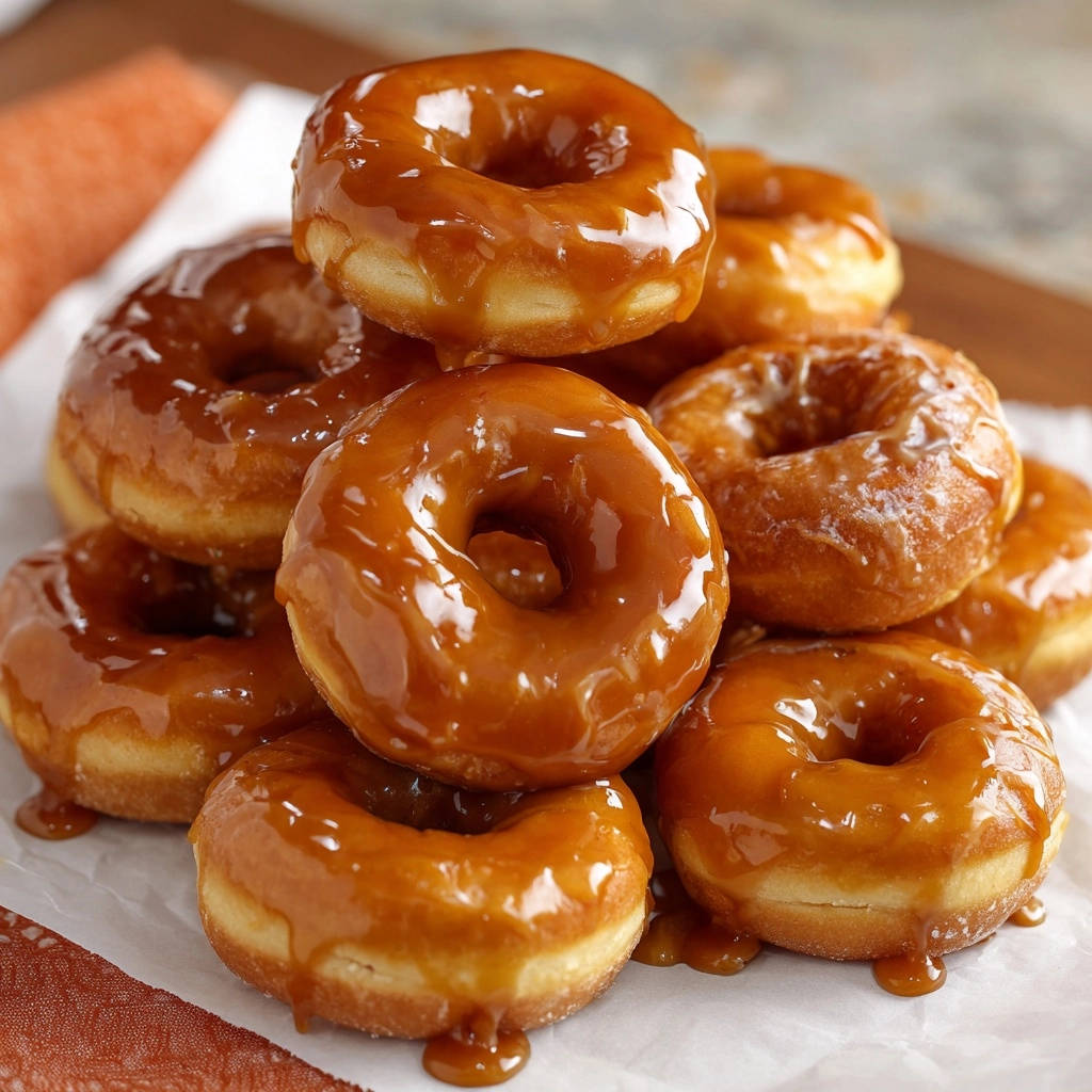 Karamellglasierte Donuts in Nahaufnahme, wobei die klebrige Glasur verführerisch von den frisch gebackenen Donuts tropft.