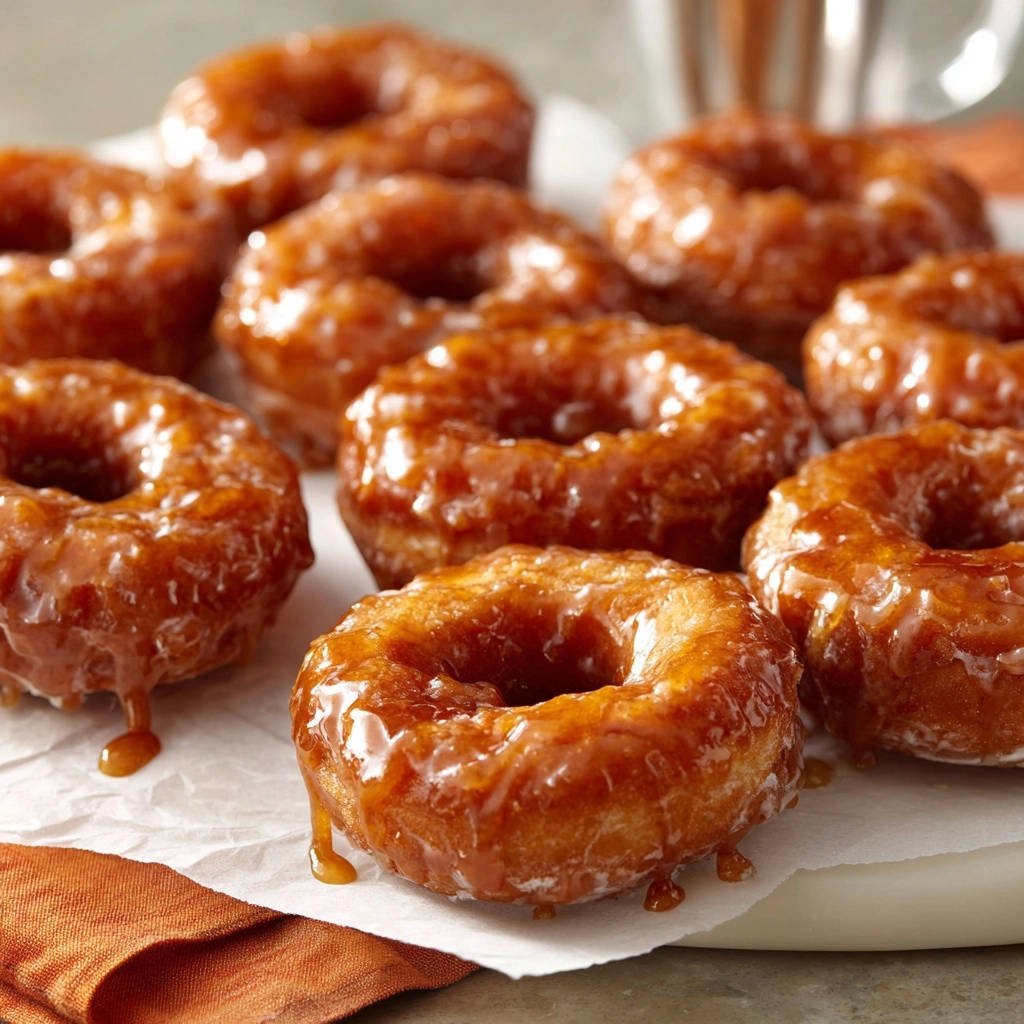 Karamellglasierte Donuts in Nahaufnahme: Die Glasur fließt verführerisch über die frisch gebackenen, goldenen Ringe.
