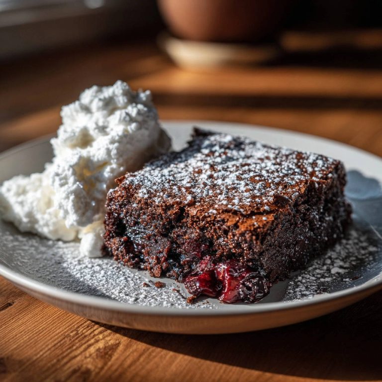 Saftige Kirsch-Schoko-Brownies mit Vanillesahne, serviert auf einem Teller, mit Puderzucker bestäubt und neben Sahne angerichtet.