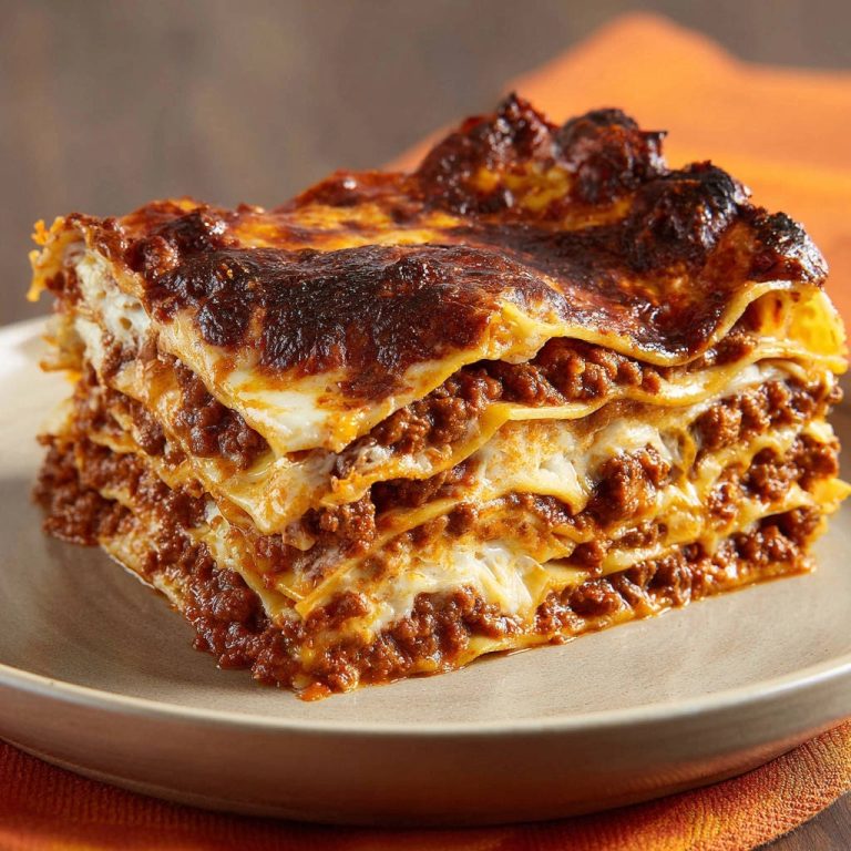 Klassische Lasagne Bolognese mit einem detailreichen Querschnitt, der die geschichteten Fleisch-, Käse- und Nudelschichten zeigt.