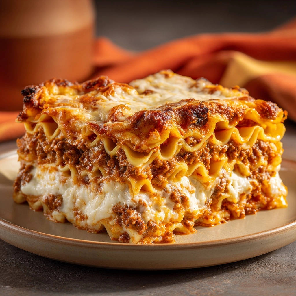 Klassische Lasagne Bolognese mit einem verführerischen Querschnitt, der die geschichteten Schichten aus Nudeln, Fleisch und Käse zeigt.