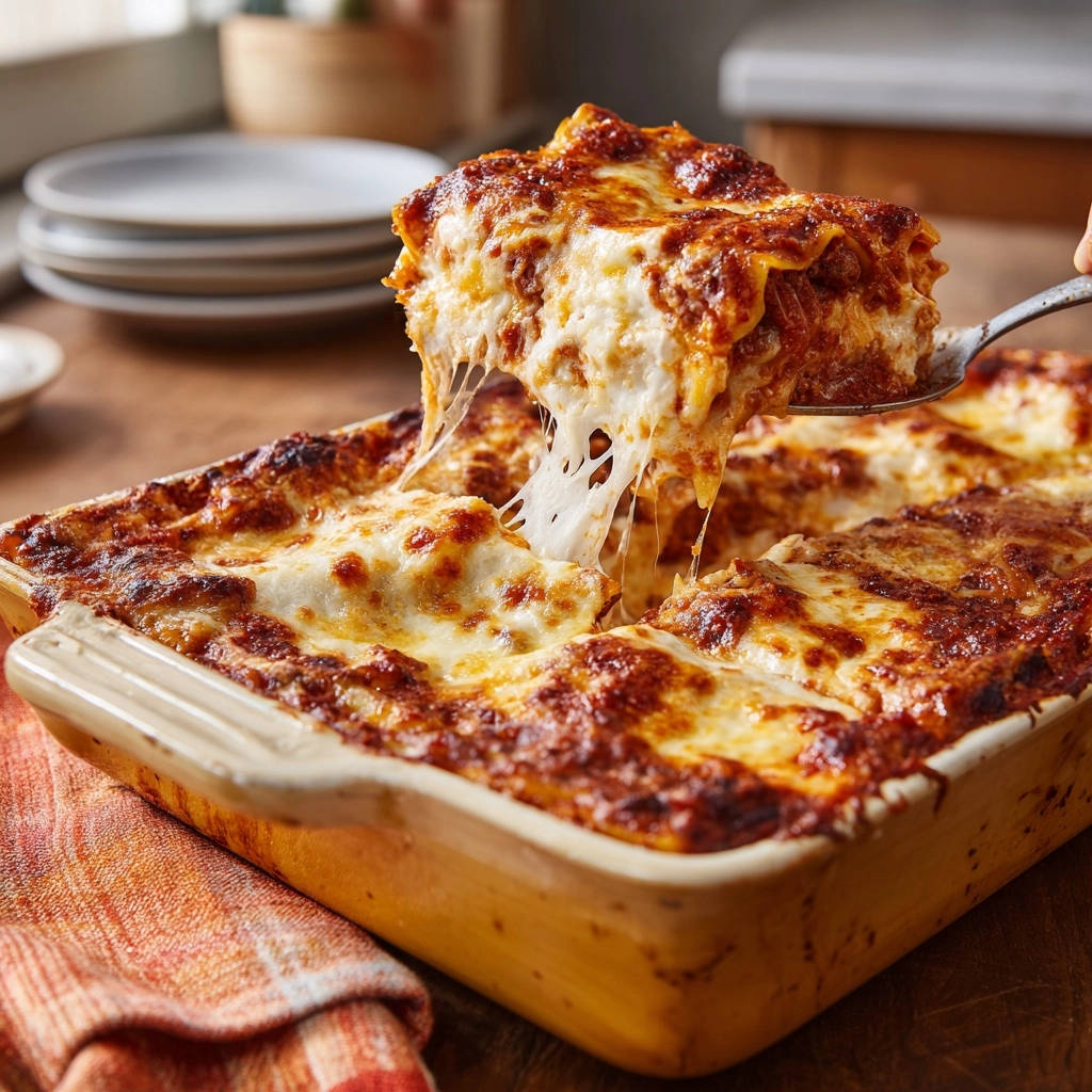 Klassische Ofen-Lasagna mit einem saftigen Querschnitt, der den geschmolzenen Käse zeigt, der sich köstlich zieht. Ein herzhaftes Gericht, perfekt für das Abendessen.