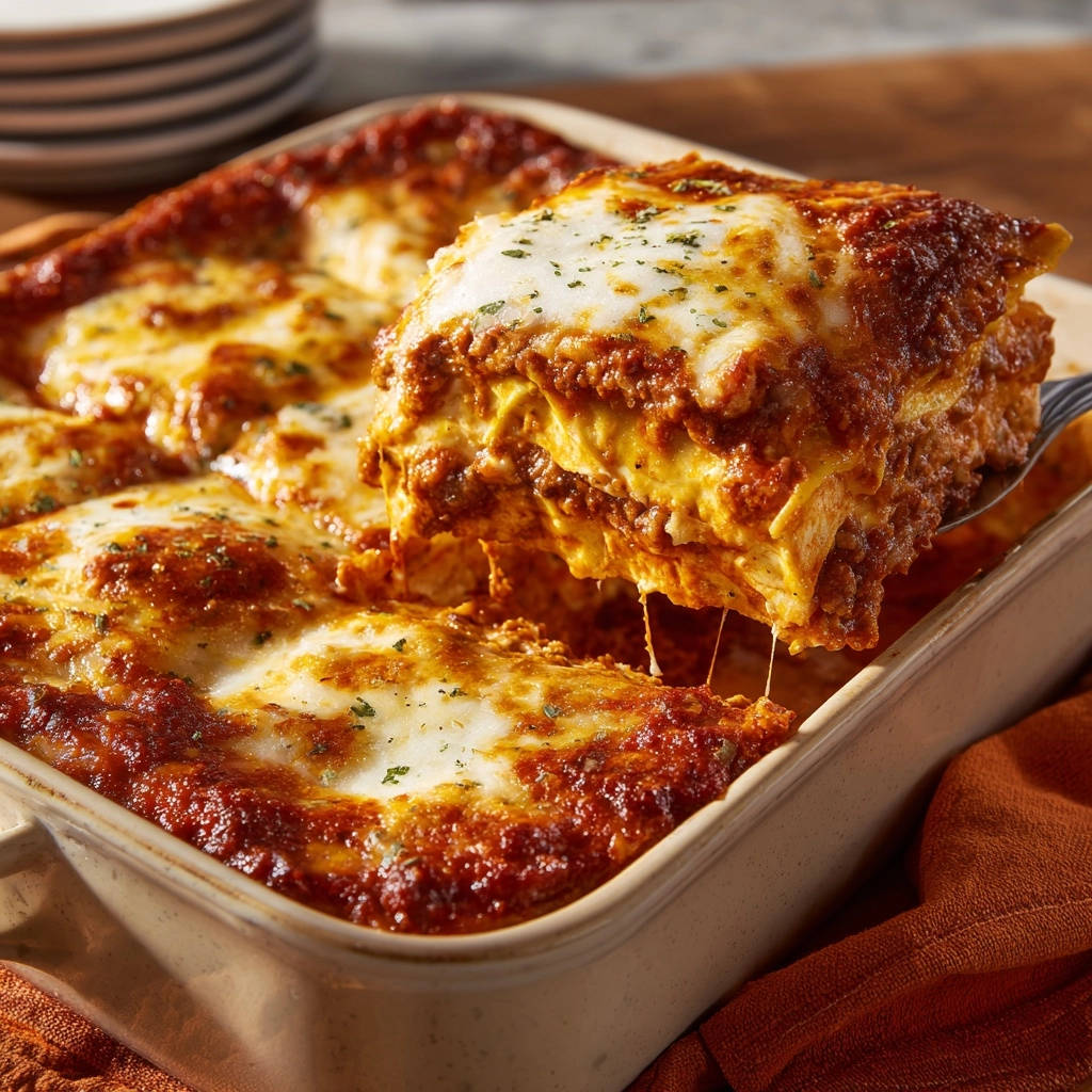 Klassische Ofen-Lasagna zeigt einen köstlichen Querschnitt mit geschmolzenem Käse und saftigen Schichten in Nahaufnahme. Ein wahrer Genuss!
