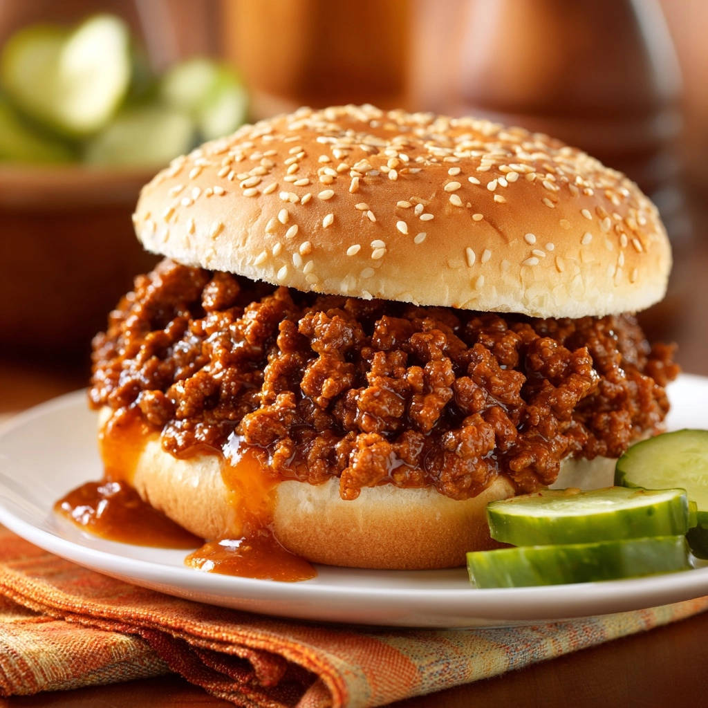 Klassischer Sloppy Joe serviert auf einem Teller mit Gurkenscheiben. Der saftige Burger ist mit Sesam bestreut.