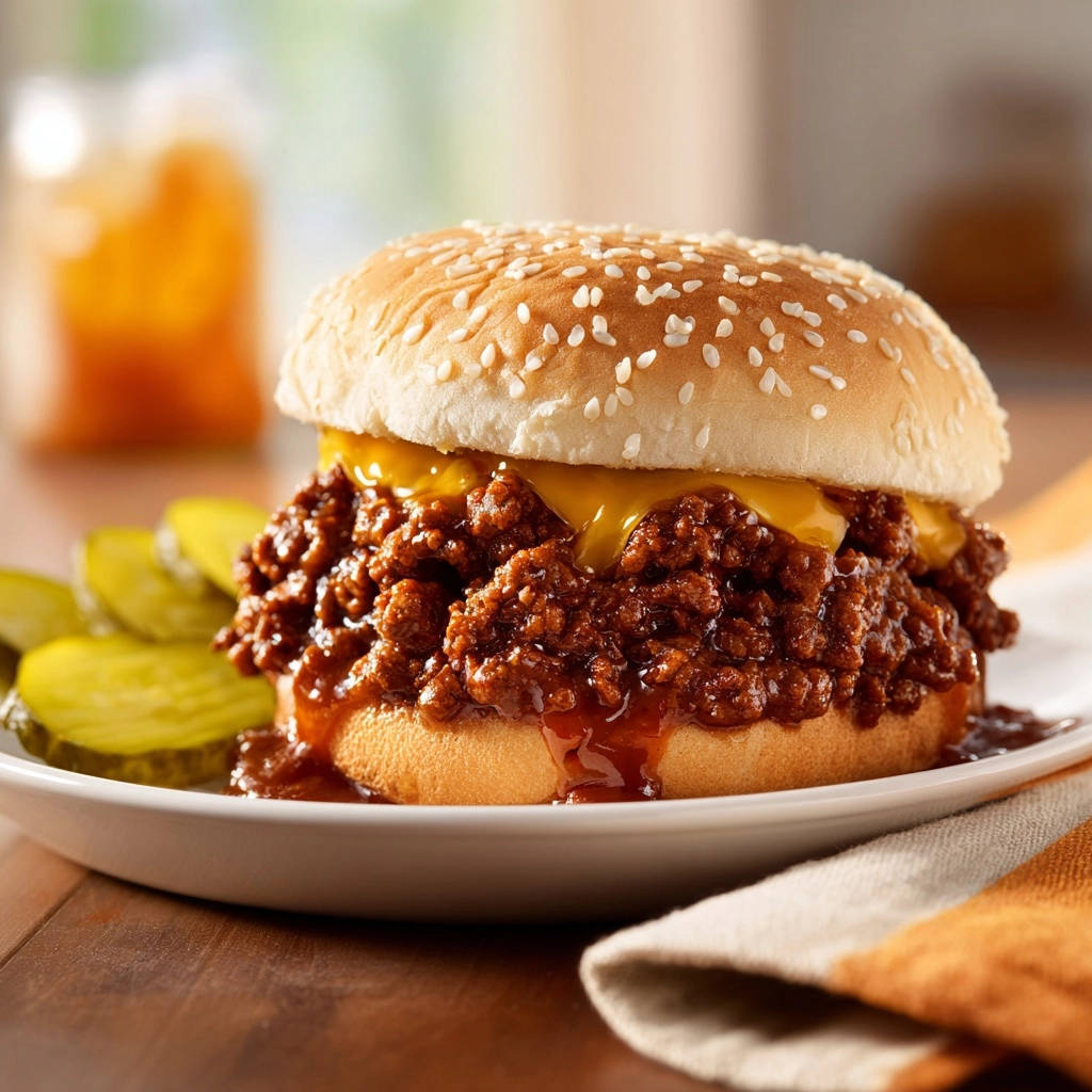 Klassischer Sloppy Joe auf einem Teller serviert, mit geschmolzenem Käse und saftigem Hackfleisch in Nahaufnahme. Dazu Gurkenscheiben.