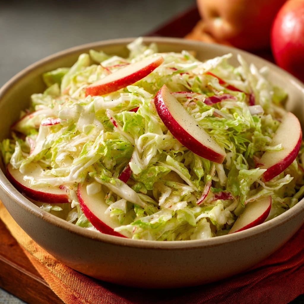 Knackiger Apfel Krautsalat Serviert 1 2 Knackiger Apfel-Krautsalat in einer Schüssel serviert, mit frischen Apfelscheiben und knackigem Kohl. Ein köstlicher und farbenfroher Salat für jede Gelegenheit.