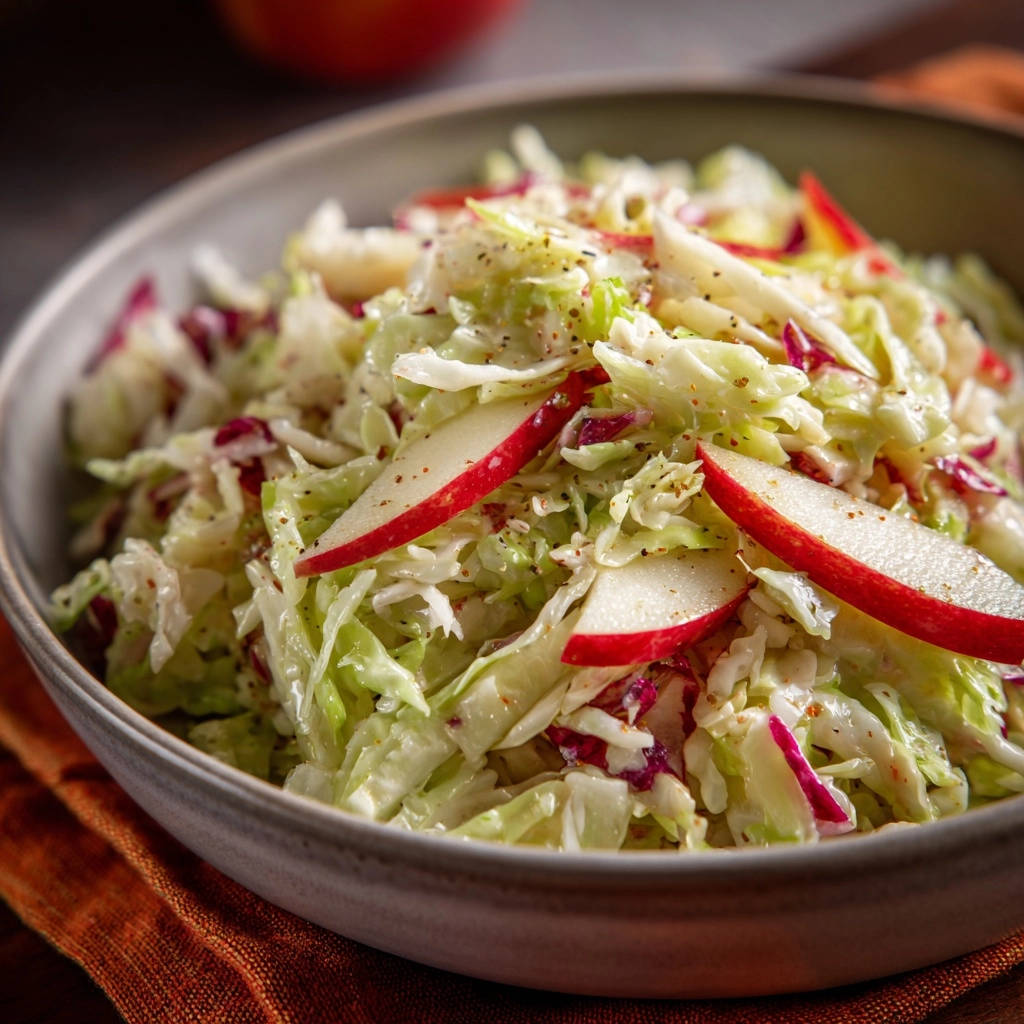 Knackiger Apfel-Krautsalat in einer Schüssel serviert, garniert mit frischen Apfelscheiben und frisch gemahlenem Pfeffer. Ein erfrischender Salat für jede Gelegenheit.