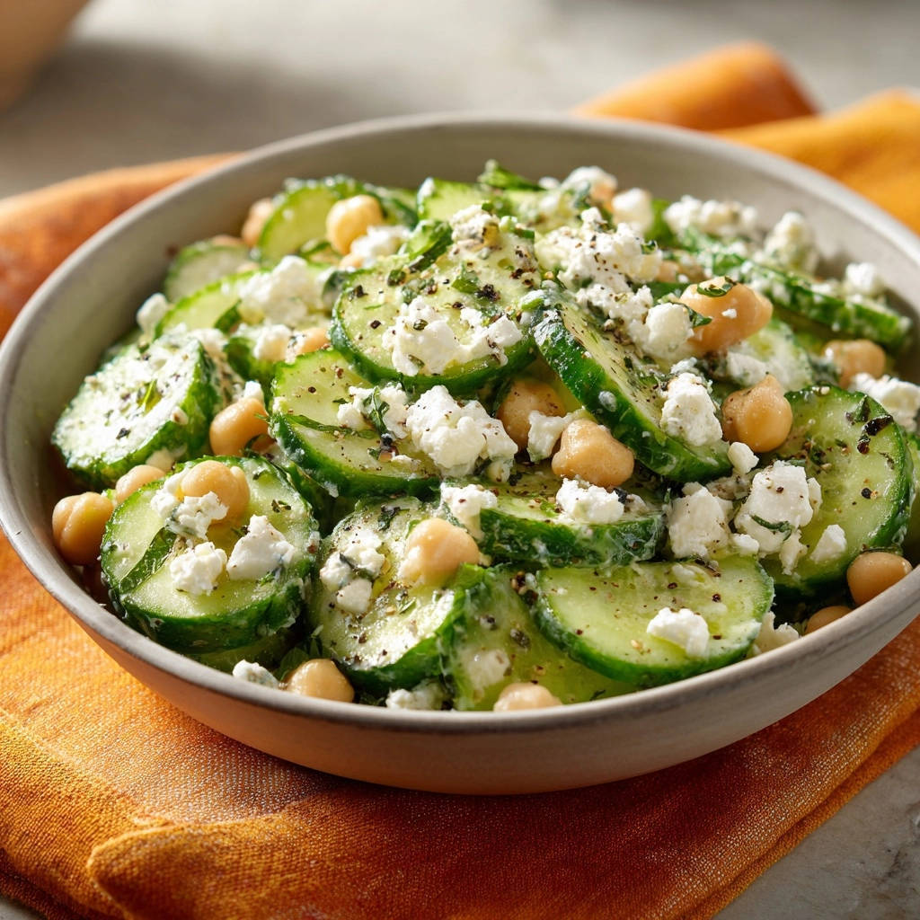 Knackiger Gurken-Kichererbsen-Salat in einer Schüssel aus der Vogelperspektive, serviert mit Feta und Kichererbsen. Ein köstliches, leichtes Gericht für den Sommer.