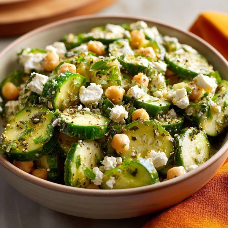 Knackiger Gurken-Kichererbsen-Salat in einer Schüssel von oben gesehen, mit frischen Zutaten und Feta-Käse garniert.