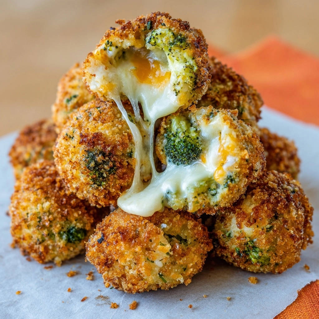 Knusprige Brokkoli-Käse-Bällchen zeigen einen verführerischen Querschnitt, mit geschmolzenem Käse, der sich appetitlich zieht.