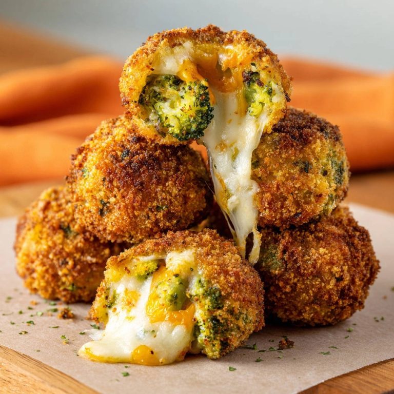 Knusprige Brokkoli-Käse-Bällchen zeigen einen verführerischen Querschnitt, der geschmolzenen Käse und Brokkoli-Röschen freigibt.