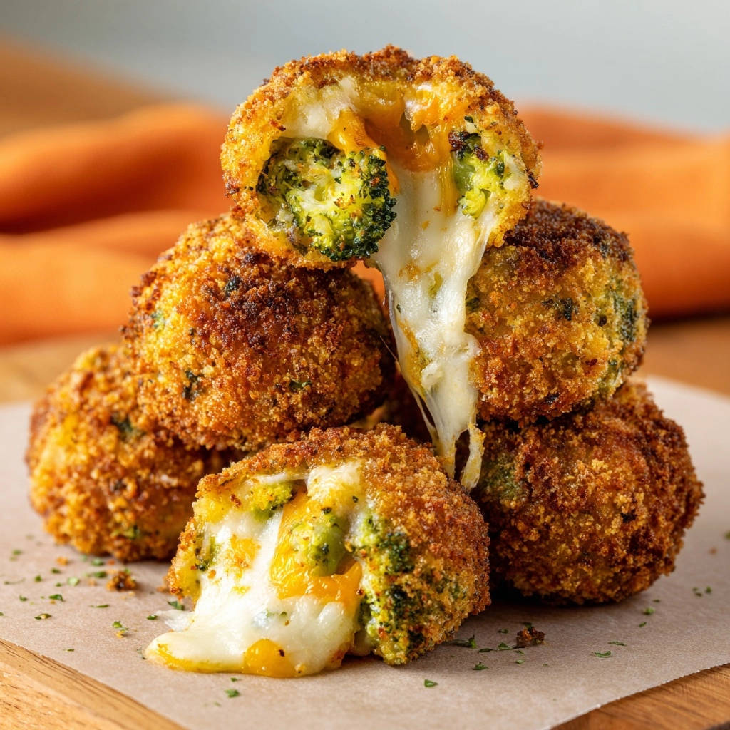 Knusprige Brokkoli-Käse-Bällchen zeigen einen verführerischen Querschnitt, der geschmolzenen Käse und Brokkoli-Röschen freigibt.