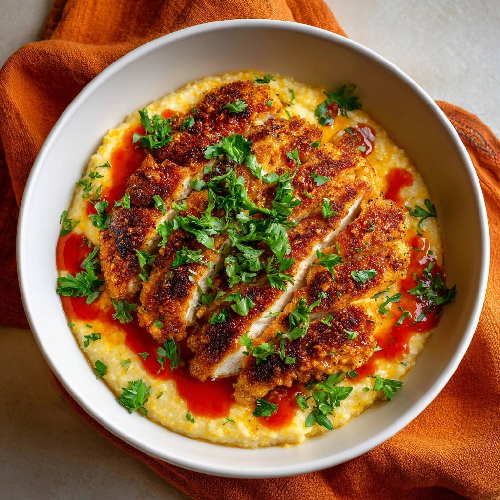 Knusprige Hähnchenschnitzel auf cremiger Polenta, serviert in einer Schüssel, garniert mit frischer Petersilie und roter Sauce, von oben fotografiert.