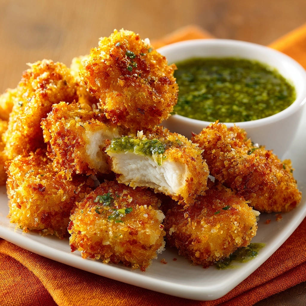 Knusprige Hhnchen Nuggets Querschnitt 1 Knusprige Hähnchen-Nuggets mit Kräuterkäsefüllung zeigen hier ihren saftigen Kern, frisch zubereitet und serviert mit Kräuter-Dip.