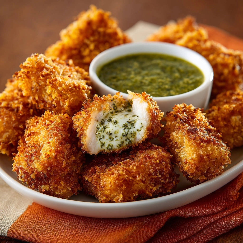 Knusprige Hähnchen-Nuggets mit Kräuterkäsefüllung zeigen eine Nahaufnahme des saftigen, geschmolzenen Käses und Kräuter im Inneren.