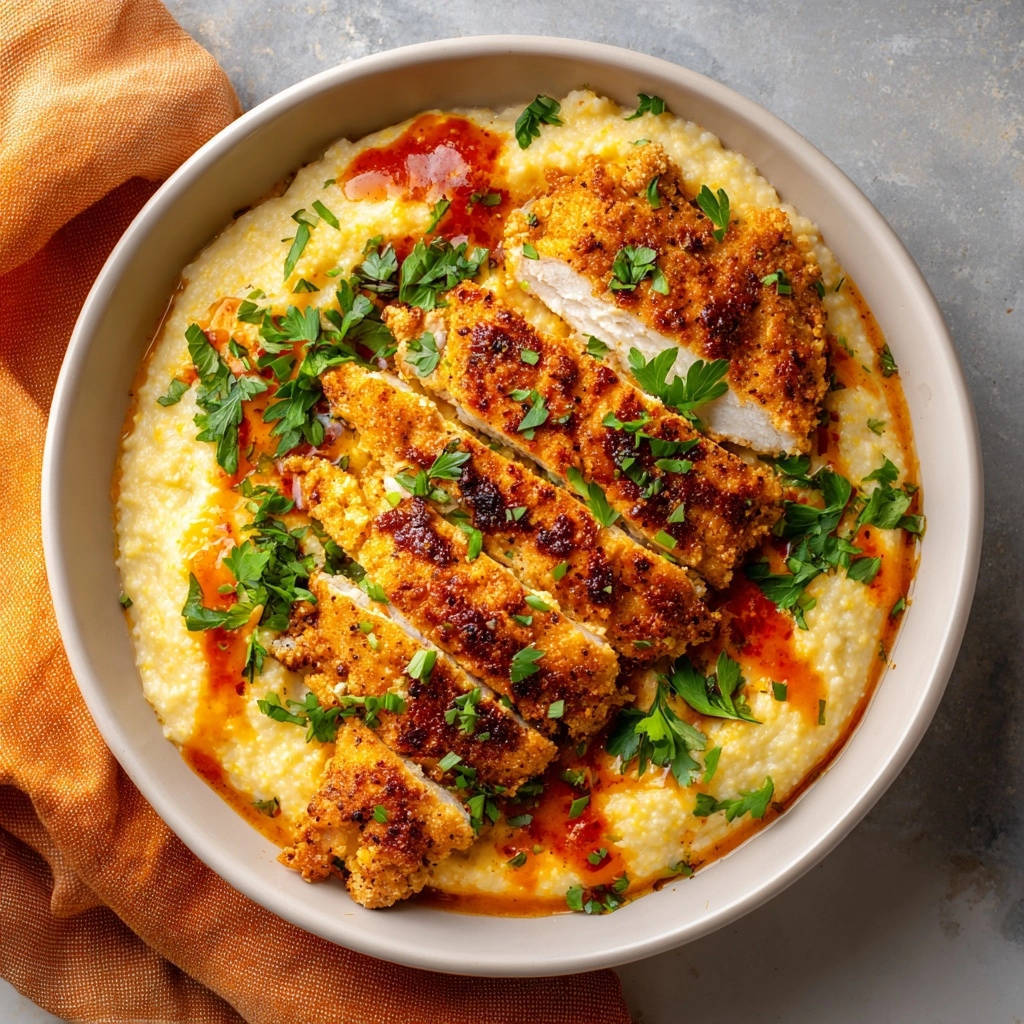 Knusprige Hhnchenschnitzel Auf Cremiger Polenta Draufsicht 1 Knusprige Hähnchenschnitzel auf cremiger Polenta, serviert in einer Schüssel, mit frischer Petersilie garniert und von oben fotografiert.