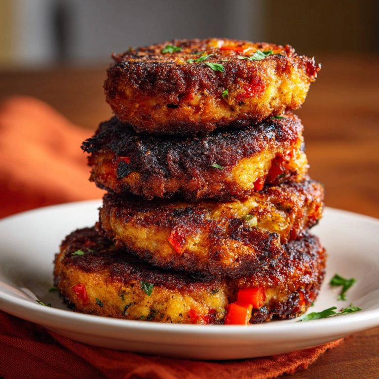 Knusprige Paprika-Kräuter-Patties sind hier gestapelt auf einem Teller zu sehen, mit perfekt gebräunter Kruste und frischen Kräutern dekoriert.