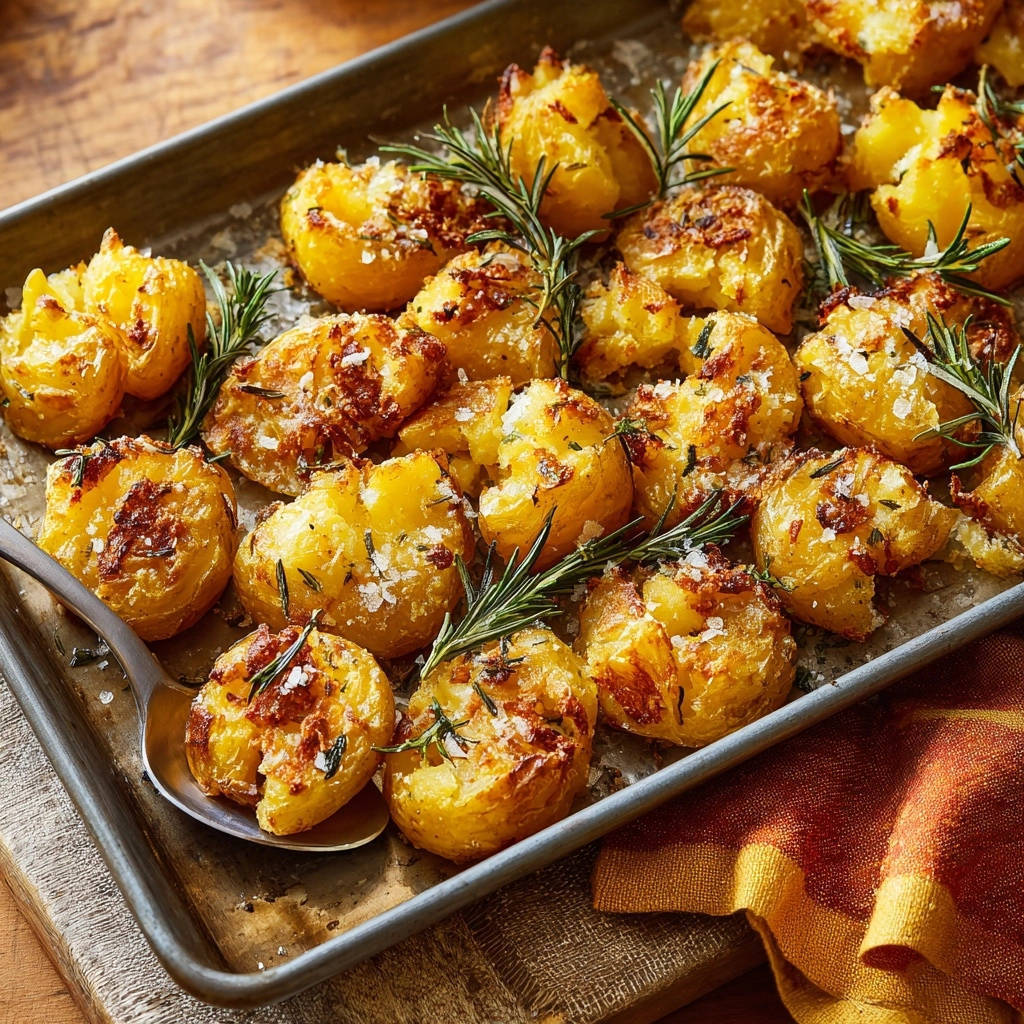 Knusprige Rosmarin-Parmesan-Quetschkartoffeln in einer Auflaufform, garniert mit frischem Rosmarin und grobem Meersalz, serviert in einer Draufsicht.