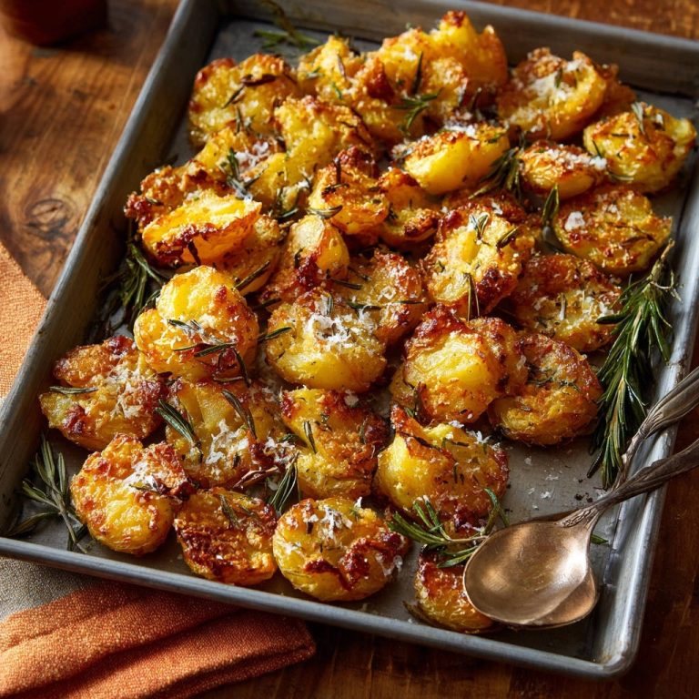 Knusprige Rosmarin-Parmesan-Quetschkartoffeln in einer Auflaufform, draufsicht von oben, serviert mit frischem Rosmarin und Parmesan.