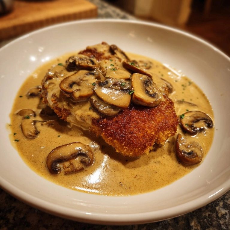 Knuspriges Hähnchenschnitzel „Jäger Art“ serviert in einer cremigen Pilzsoße, angerichtet auf einem weißen Teller. Ein köstliches Gericht mit knuspriger Panade.
