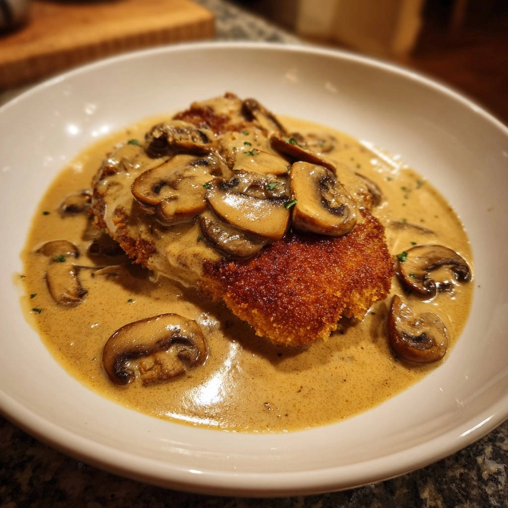 Knuspriges Hähnchenschnitzel „Jäger Art“ serviert in einer cremigen Pilzsoße, angerichtet auf einem weißen Teller. Ein köstliches Gericht mit knuspriger Panade.
