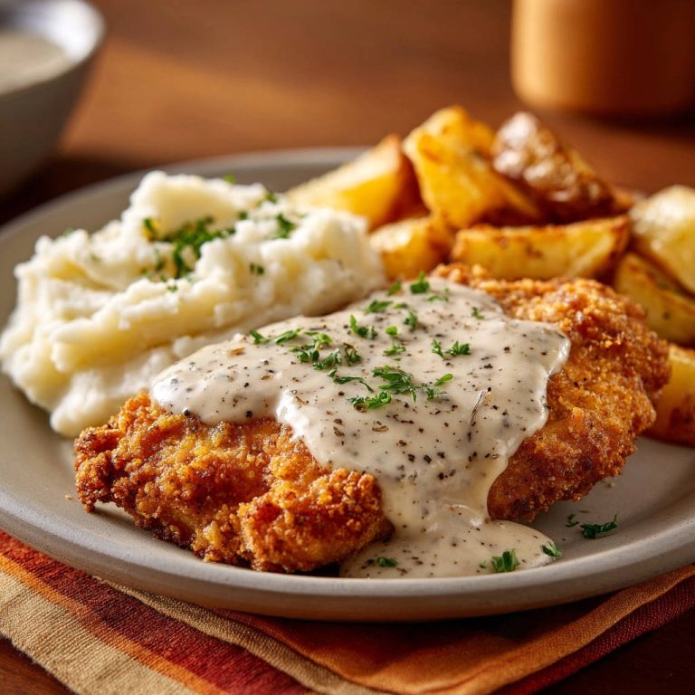 Knuspriges Hähnchenschnitzel mit Pfeffersoße serviert auf einem Teller, zusammen mit Kartoffelecken und Kartoffelpüree, garniert mit frischer Petersilie.