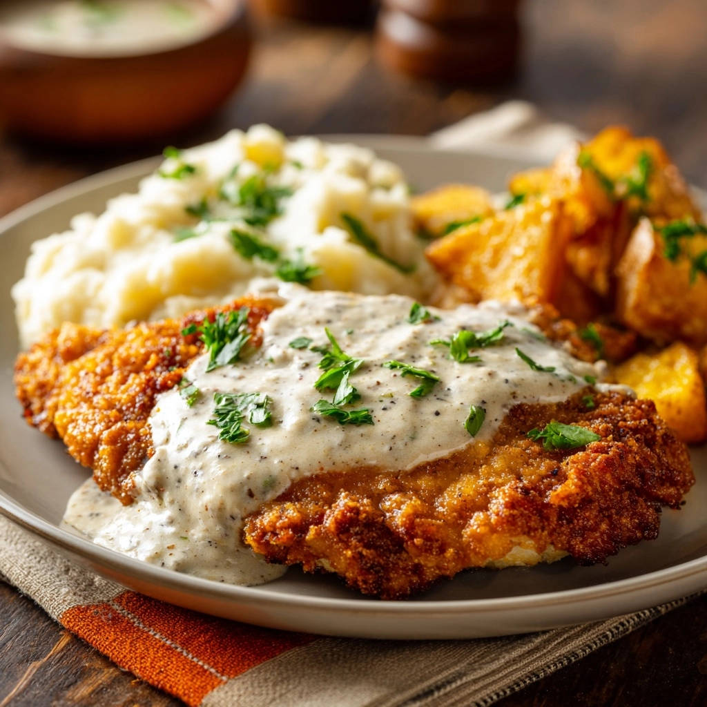 Knuspriges Hahnchenschnitzel Mit Pfeffersosse Serviert 1 Knuspriges Hähnchenschnitzel mit Pfeffersoße serviert auf einem Teller, zusammen mit Kartoffeln und Kartoffelpüree, garniert mit frischer Petersilie.