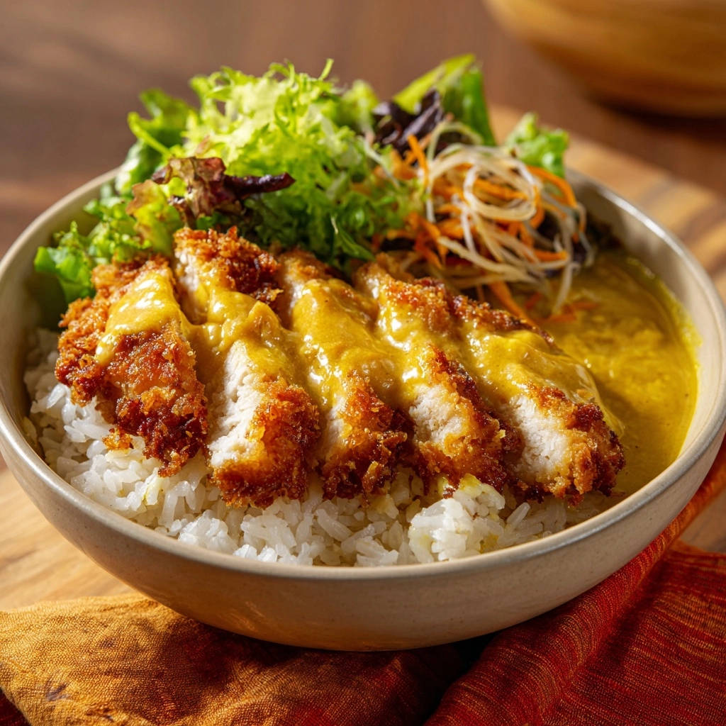 Knuspriges Hähnchen Katsu Curry Bowl, serviert in einer Schüssel, mit einem Hähnchen Katsu-Schnitt, der die saftige Innenseite zeigt.