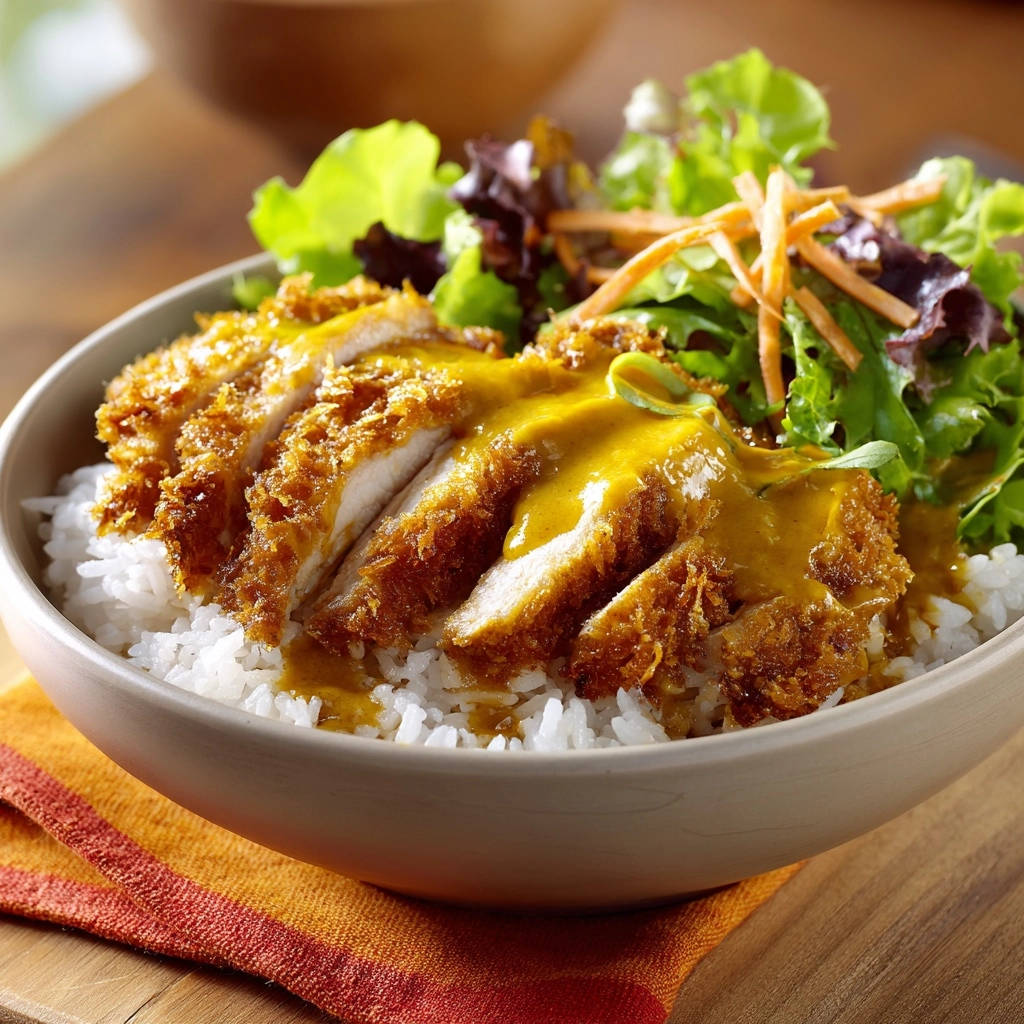 Knuspriges Huhn Katsu Curry Bowl Serviert 1 Knuspriges Hähnchen Katsu Curry Bowl, serviert in einer Schüssel mit Reis, knusprigem Hähnchen und Curry-Soße, garniert mit Salat.