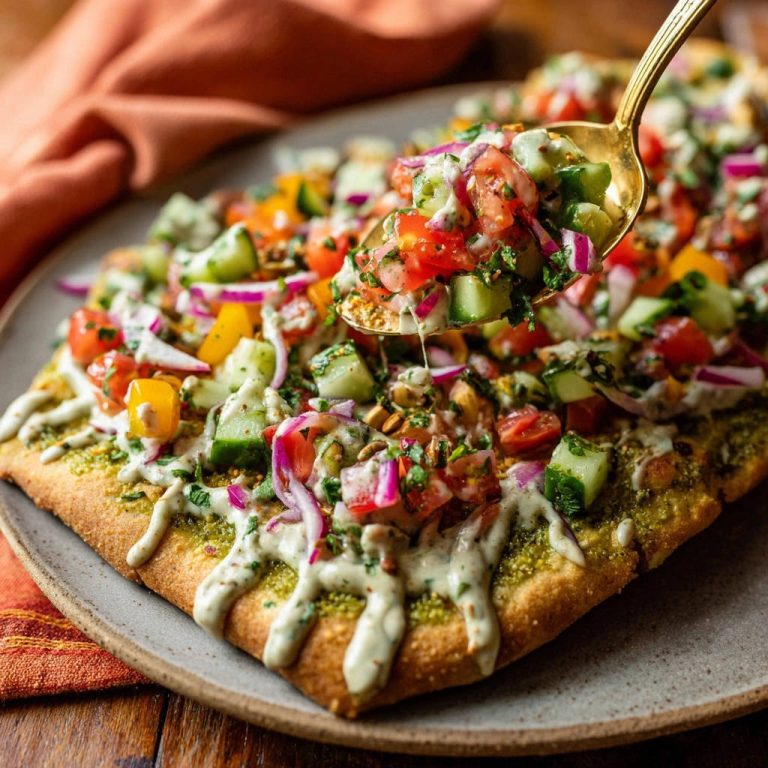 Mediterranes Flatbread mit frischem Salat, serviert auf einem Teller, wird mit einem Löffel voller Salat beladen. Das knusprige Flatbread ist reich belegt.