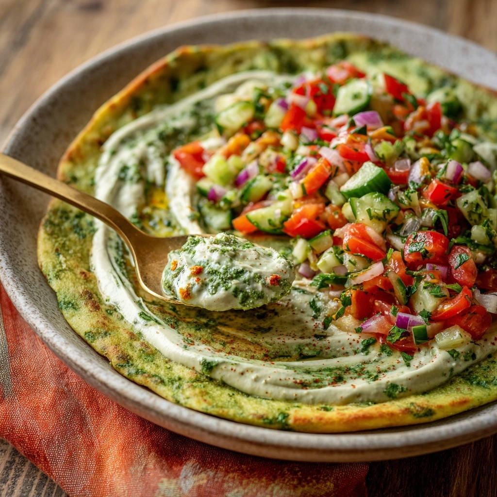 Mediterranes Flatbread Mit Frischem Salat Nahaufnahme Servie 1 Mediterranes Flatbread mit frischem Salat in einer Nahaufnahme, serviert mit einer goldenen Gabel, die das cremige Hummus zeigt.