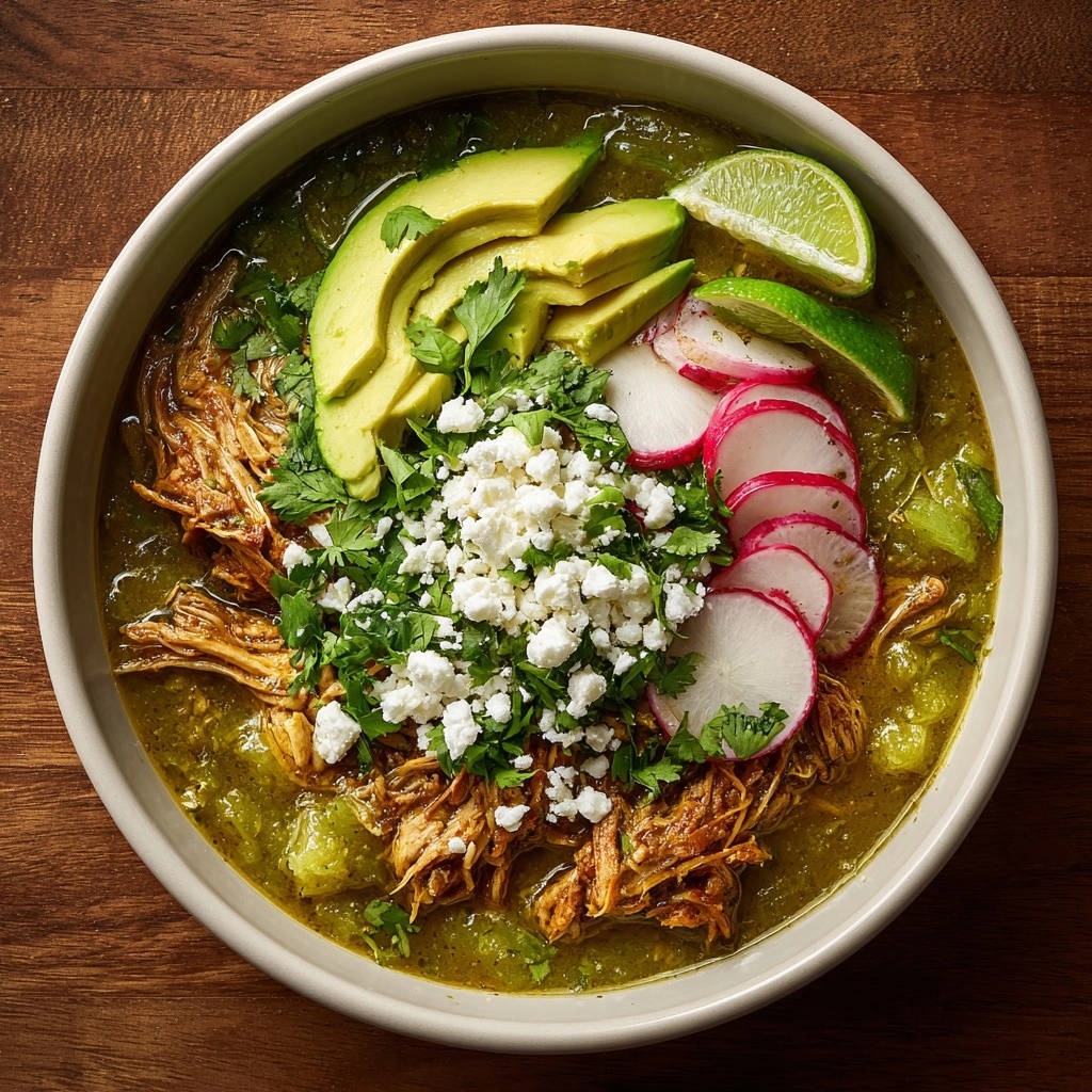 Mexikanischer Eintopf mit zartem Pulled Chicken aus der Vogelperspektive serviert, mit Avocado, Radieschen, frischem Koriander und Feta-Käse garniert.