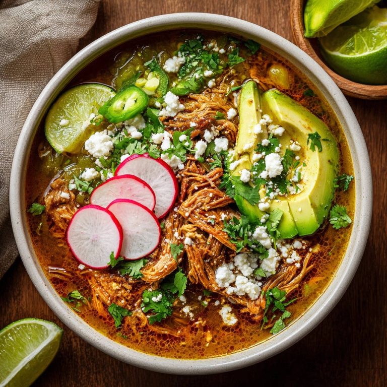 Mexikanischer Eintopf mit zartem Pulled Chicken, serviert in einer Schüssel, garniert mit Avocado, Radieschen und Limetten.