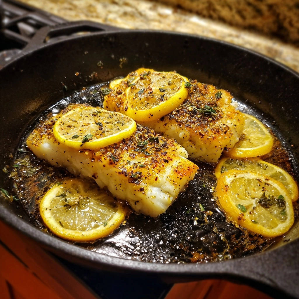 Perfekt Gebratenes Fischfilet Nahaufnahme 1 Perfekt gebratenes Fischfilet in der Pfanne mit Zitronenscheiben und Kräutern. Nahaufnahme zeigt die knusprige Textur und das saftige Innere.