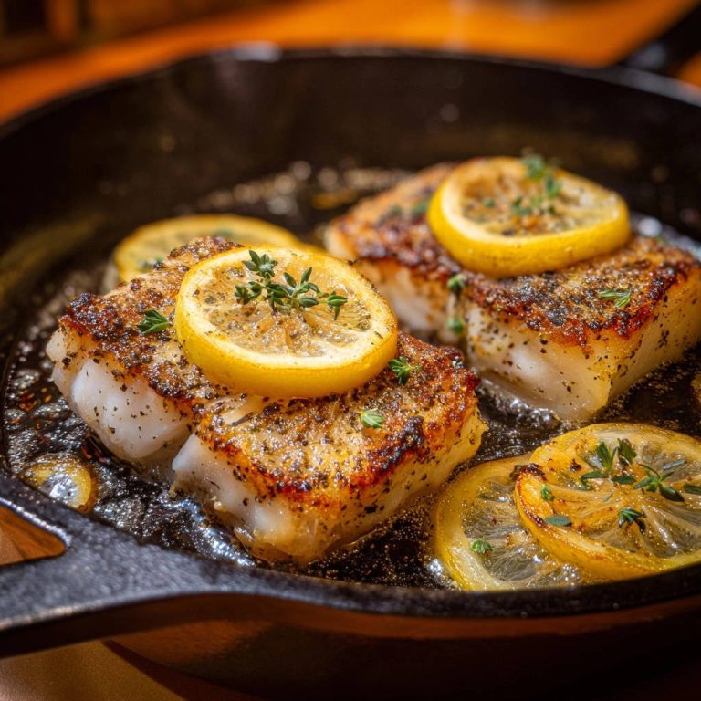 Perfekt gebratenes Fischfilet in der Pfanne, garniert mit Zitronenscheiben und Kräutern, in Nahaufnahme zubereitet für ein köstliches Gericht.