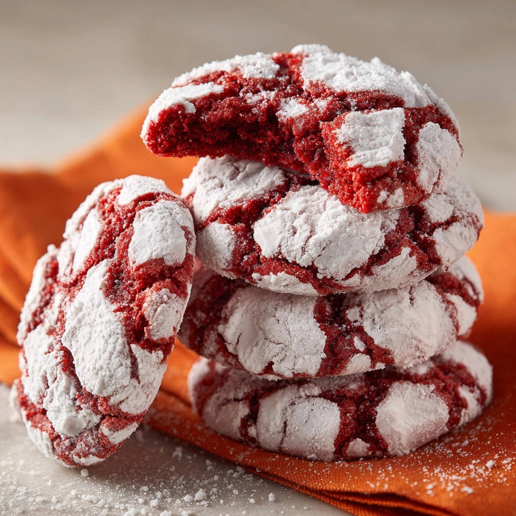 Red Velvet Crinkle Cookies Angeschnitten 1 Red Velvet Crinkle Cookies, ein Blick ins Innere eines Keks, der gerade angeknabbert wurde, mit viel Puderzucker.