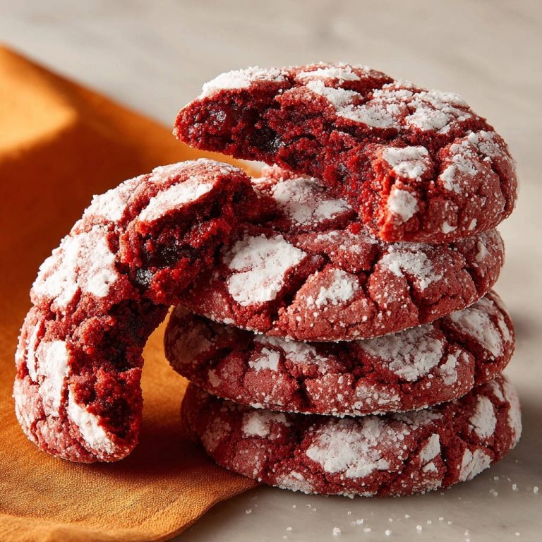 Red Velvet Crinkle Cookies zeigen einen köstlichen Querschnitt. Die weichen Kekse sind mit Puderzucker überzogen und perfekt für Naschkatzen.