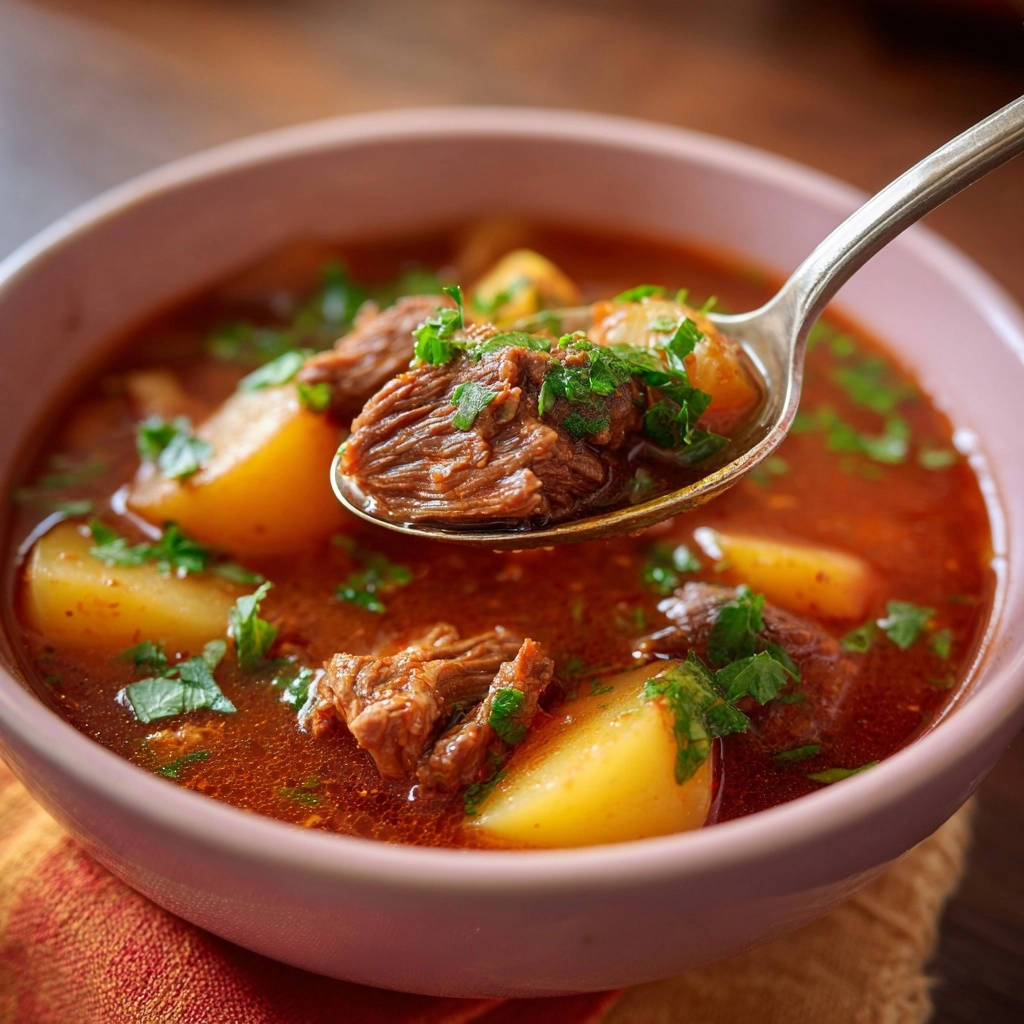Rindsgulasch Nahaufnahme Mit Lffel 1 Herzhaftes Rindsgulasch in Nahaufnahme: Ein Löffel voller zartem Fleisch und Kartoffeln, garniert mit frischer Petersilie.