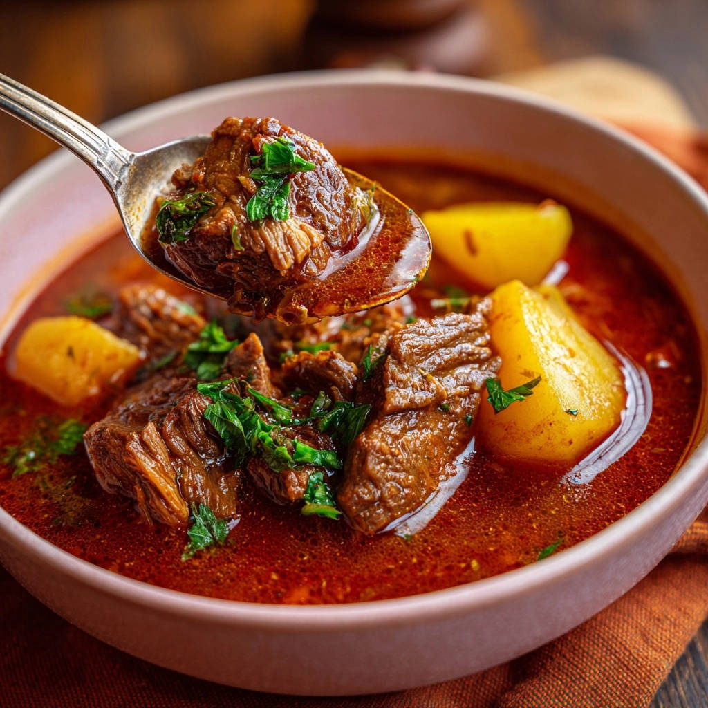 Herzhaftes Rindsgulasch in Nahaufnahme, serviert in einer Schüssel, mit einem Löffel, der zartes Fleisch und eine köstliche Soße zeigt.
