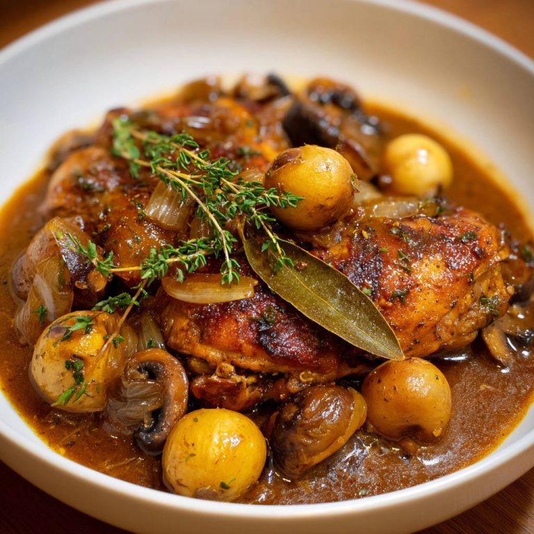 Rustikales Schmorhähnchen mit Kartoffeln und Pilzen, serviert in einer weißen Schale, garniert mit frischem Thymian und Lorbeerblatt.