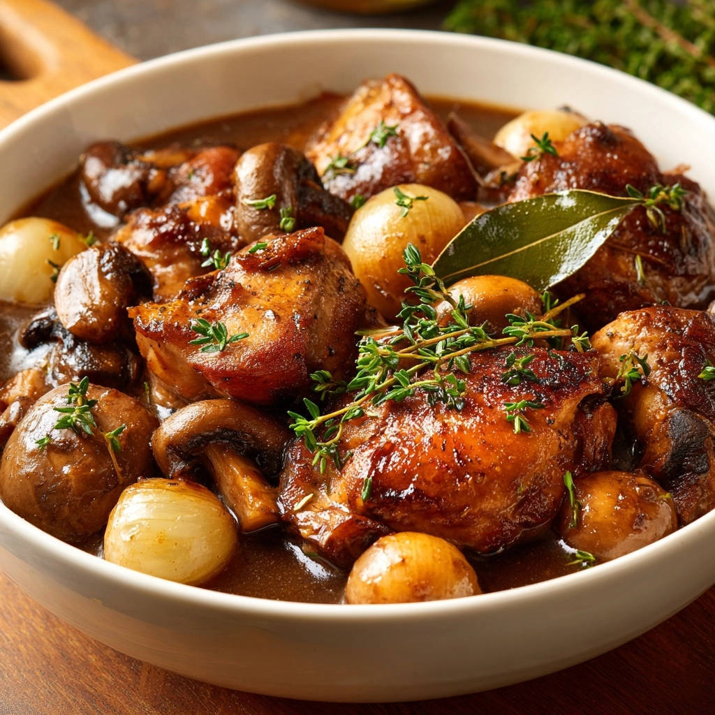Rustikales Schmorhaehnchen Mit Kartoffeln Und Pilzen Nahaufn 1 Rustikales Schmorhähnchen mit Kartoffeln und Pilzen in einer Nahaufnahme, serviert in einer weißen Schüssel, garniert mit frischem Thymian.
