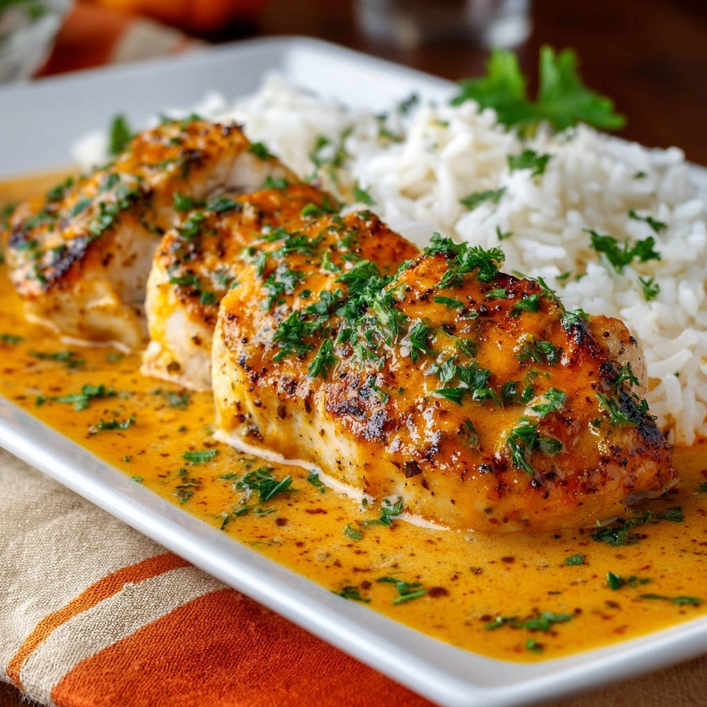 Saftige Hahnchenbrust Goldener Cremesauce Serviert 1 Saftige Hähnchenbrust in goldener Cremesauce serviert auf einem weißen Teller, garniert mit frischer Petersilie und Reis.