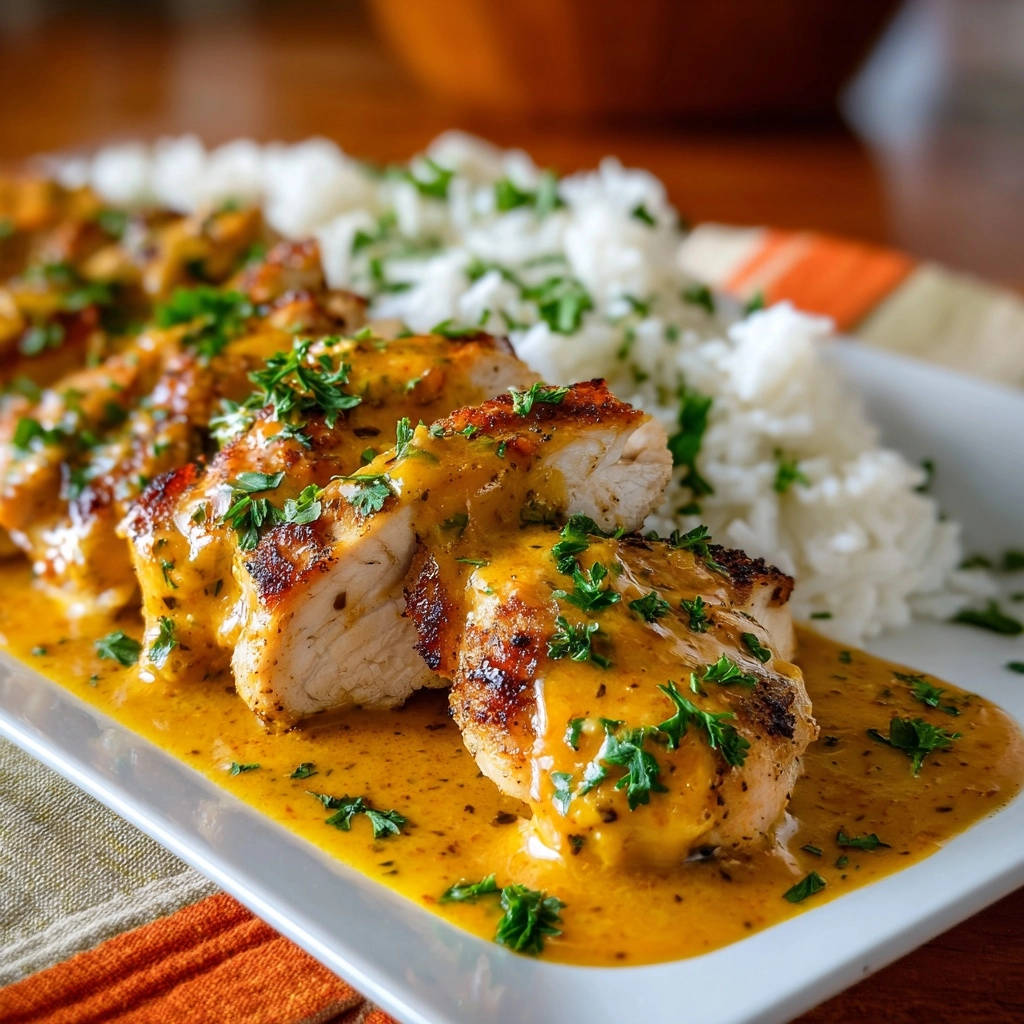 Saftige Hähnchenbrust in goldener Cremesauce in Nahaufnahme, serviert mit Reis und frischer Petersilie, ein köstliches Gericht.