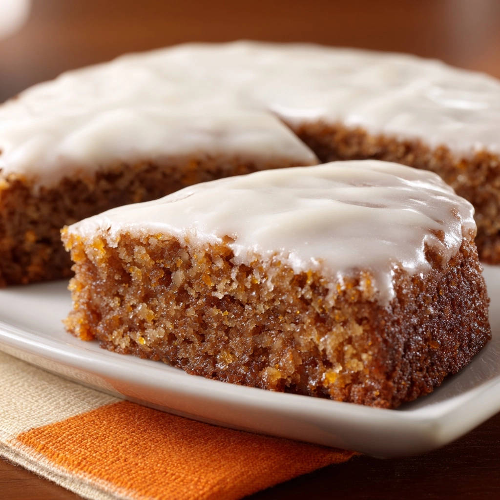 Saftige Orange Gewuerzkuchen Schnittchen Querschnitt 1 Saftige Orange-Gewürzkuchen-Schnitten mit glatter Glasur, die einen saftigen Querschnitt des Kuchens zeigt, serviert auf einem weißen Teller.